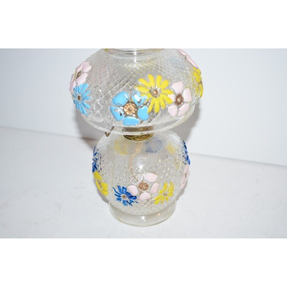 Vtg  Miniature oil Lamp Floral COSMOS Pattern flaws  clear glass - Picture 9 of 9